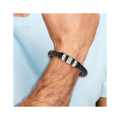 Chisel Stainless Steel Brushed Polished and Textured Black IP-plated Black Braided Leather and Rubber 8.5 inch Bracelet