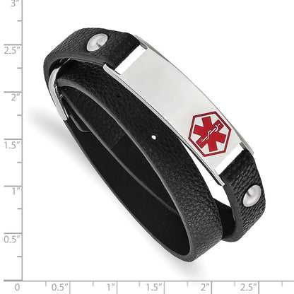 Chisel Stainless Steel Polished with Red Enamel Medical ID Black Leather Adjustable Wrap Bracelet
