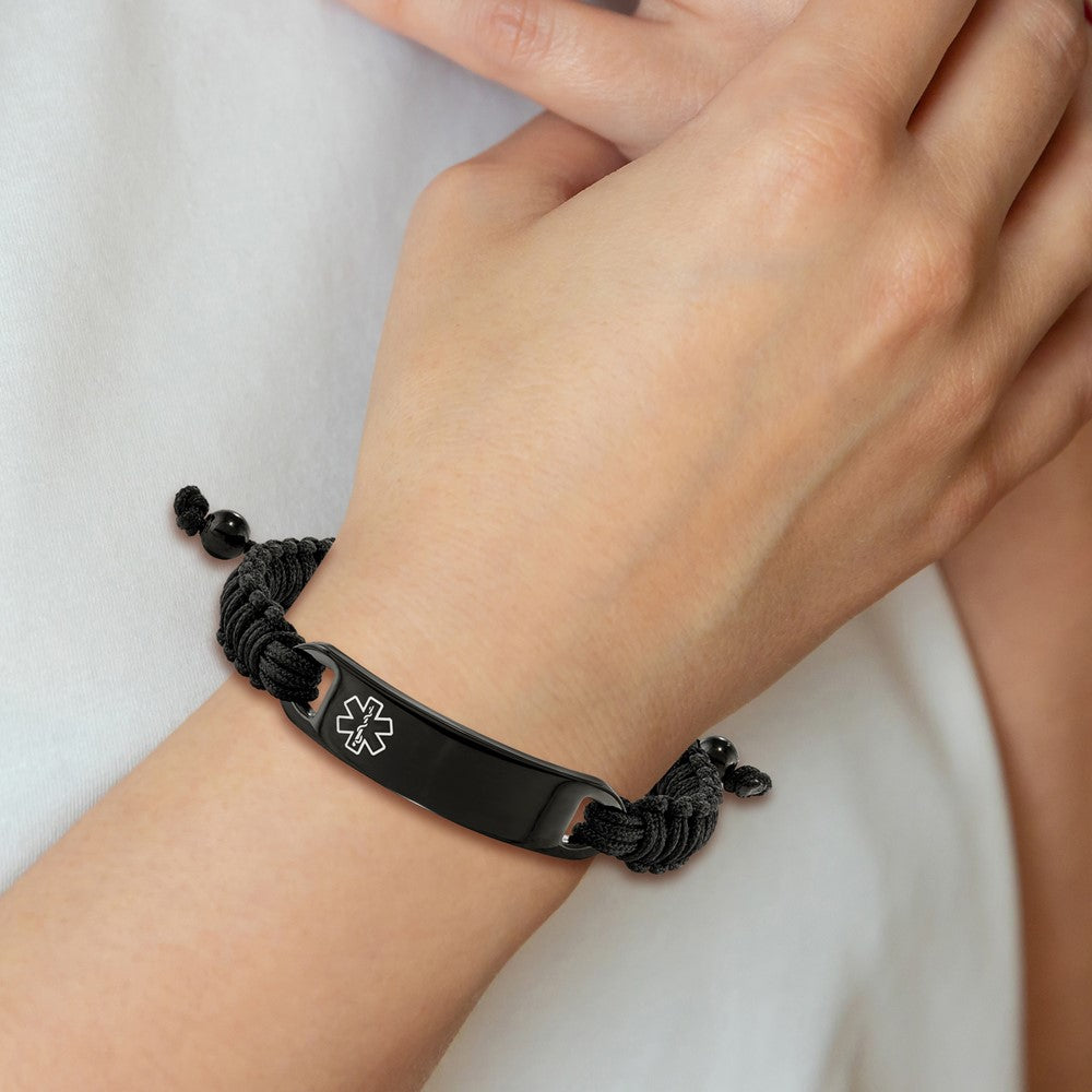 Chisel Stainless Steel Polished Black IP-plated with White Enamel Black Nylon Adjustable Medical ID Bracelet