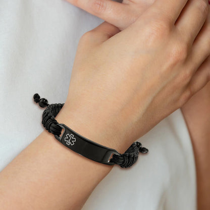 Chisel Stainless Steel Polished Black IP-plated with White Enamel Black Nylon Adjustable Medical ID Bracelet