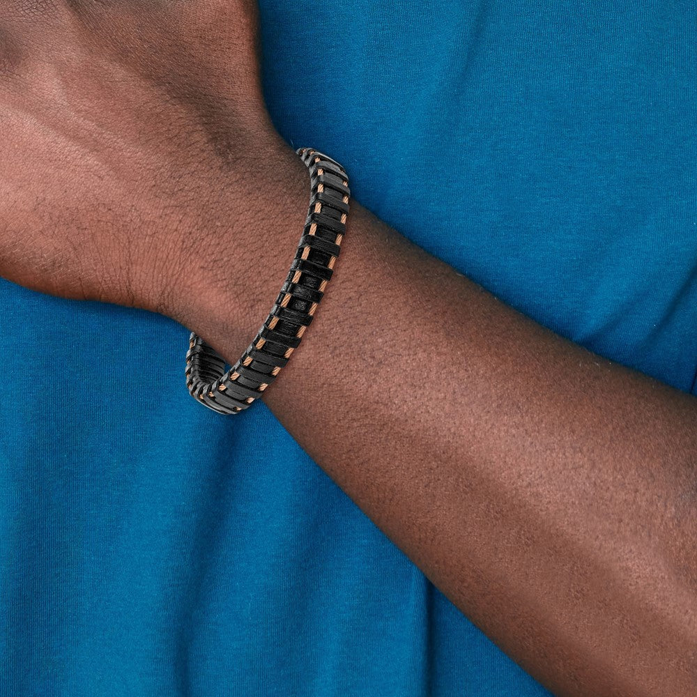 Chisel Stainless Steel Polished Rose IP-plated Cable and Black Leather 8.5 inch Bracelet