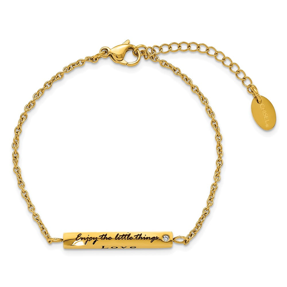Chisel Stainless Steel Polished Yellow IP-plated with CZ LOVE DREAM LAUGH Enjoy the little things 7 inch Bracelet with 1.5 inch Extension