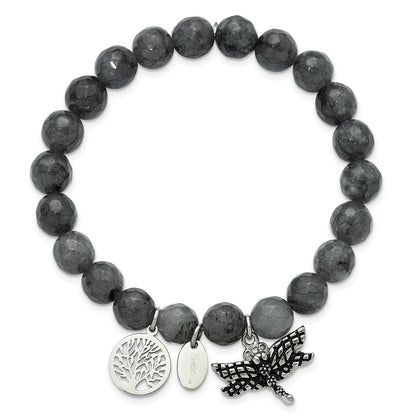 Chisel Stainless Steel Antiqued and Polished Dragonfly and Tree of Life 8mm Grey Dyed Jade Beaded Stretch Bracelet