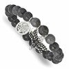 Chisel Stainless Steel Antiqued and Polished Dragonfly and Tree of Life 8mm Grey Dyed Jade Beaded Stretch Bracelet