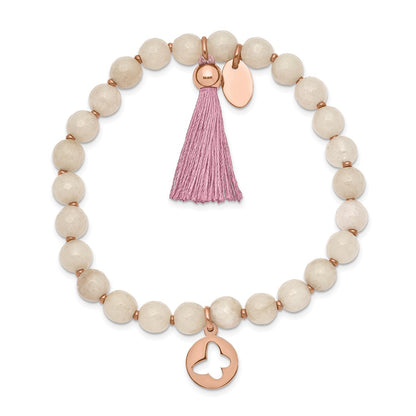 Chisel Stainless Steel Polished Rose IP-plated Butterfly 6mm Pink Agate Beaded Stretch Bracelet with Tassel