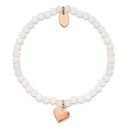 Chisel Stainless Steel Polished Rose IP-plated LOVE Heart 4mm Jade Beaded Stretch Bracelet
