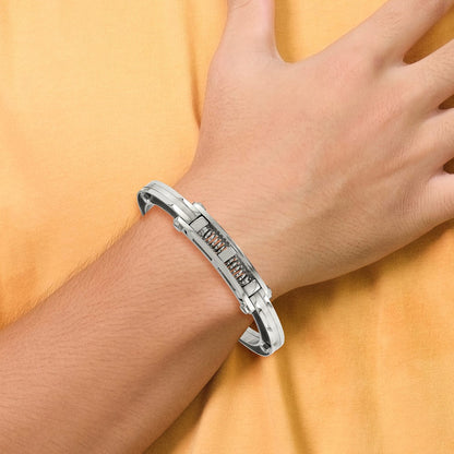 Chisel Stainless Steel Brushed and Polished with Black Carbon Fiber Inlay Hinged Bangle