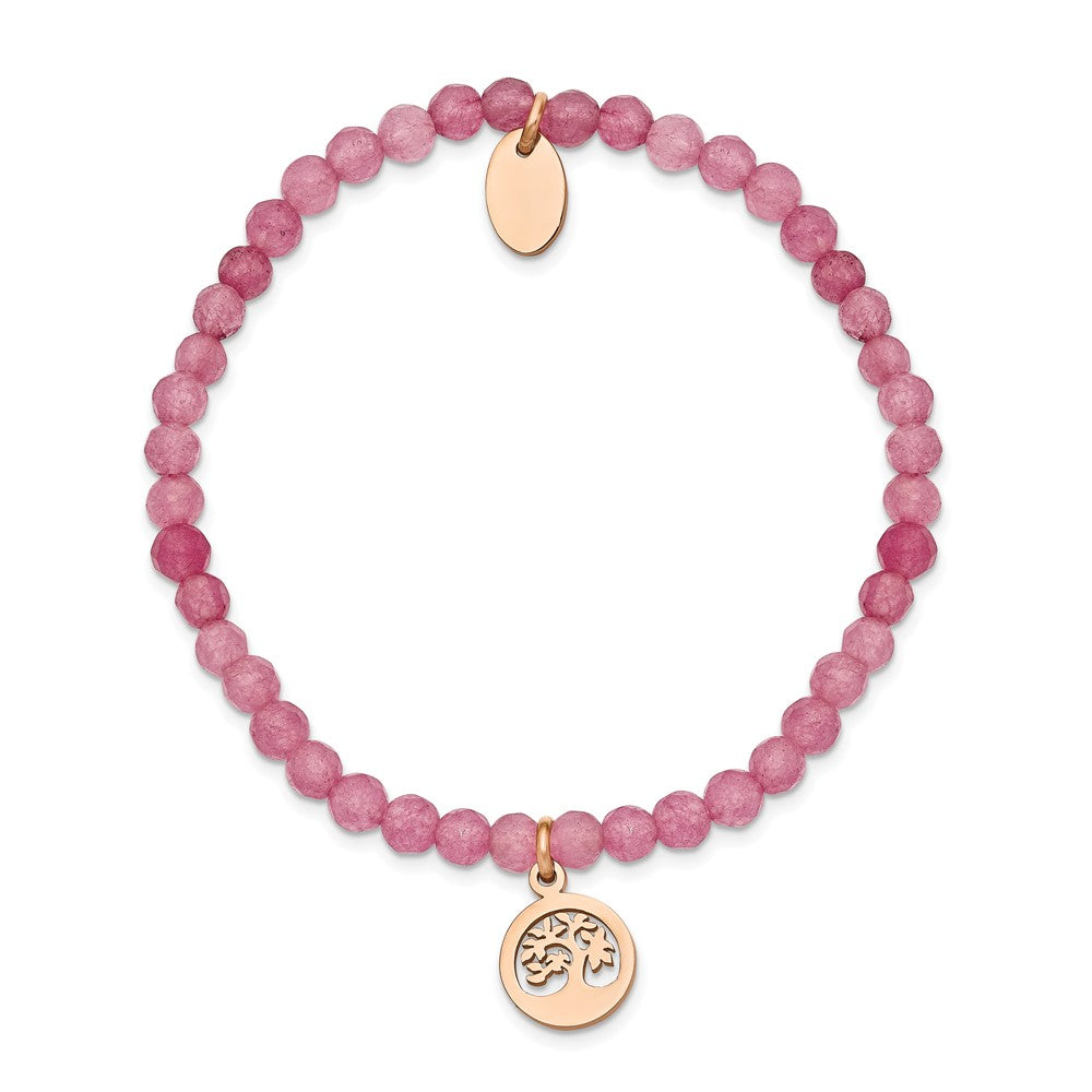 Chisel Stainless Steel Polished Rose IP-plated Tree 4mm Pink Jade Beaded Stretch Bracelet