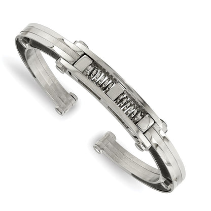 Chisel Stainless Steel Brushed and Polished with Black Carbon Fiber Inlay Hinged Bangle