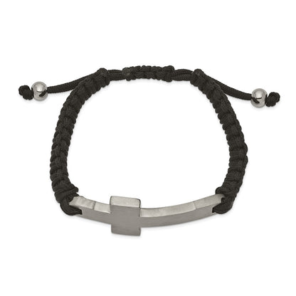 Stainless Steel Brushed and Polished Cross Black Nylon Adjustable Bracelet