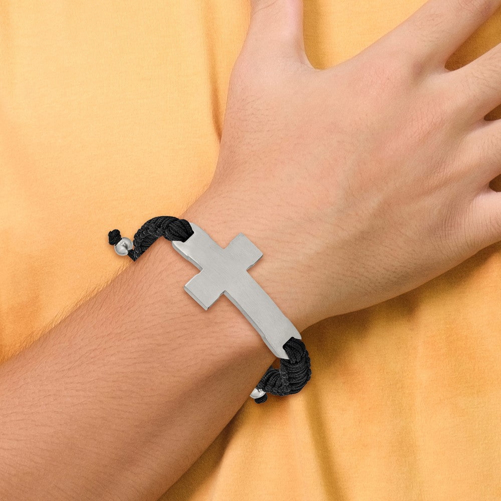 Stainless Steel Brushed and Polished Cross Black Nylon Adjustable Bracelet