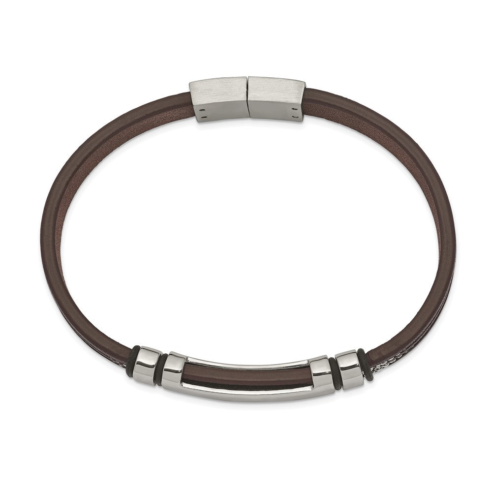 Chisel Stainless Steel Polished Brown Leather with Black Rubber 8.25 inch ID Bracelet