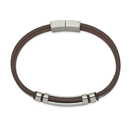 Chisel Stainless Steel Polished Brown Leather with Black Rubber 8.25 inch ID Bracelet