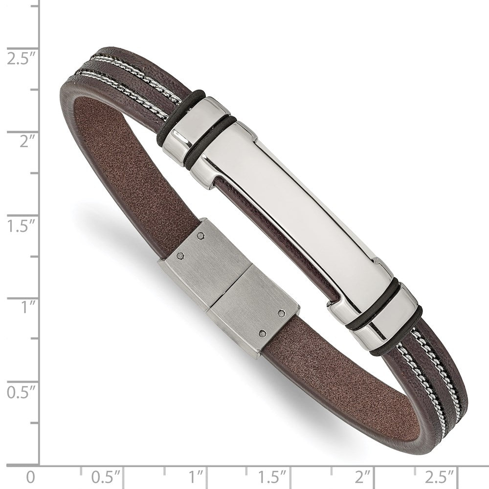 Chisel Stainless Steel Polished Brown Leather with Black Rubber 8.25 inch ID Bracelet