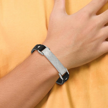 Chisel Stainless Steel Polished Scratch Finished Black Leather Adjustable ID Bracelet