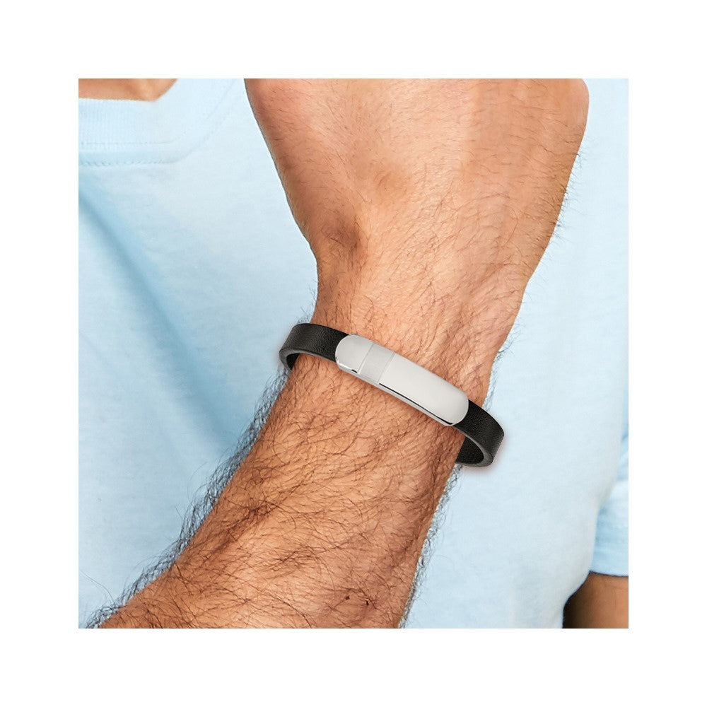 Chisel Stainless Steel Brushed and Polished Black Leather 8.5 inch ID Bracelet