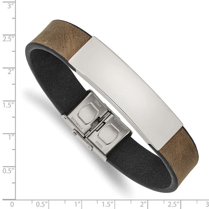 Chisel Stainless Steel Polished Black and Brown Leather 8.25 inch ID Bracelet