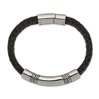 Chisel Stainless Steel Antiqued and Polished Braided Black Leather 8.25 inch ID Bracelet
