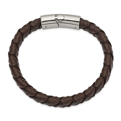 Chisel Stainless Steel Polished Black and Brown Textured Leather 8 inch Bracelet