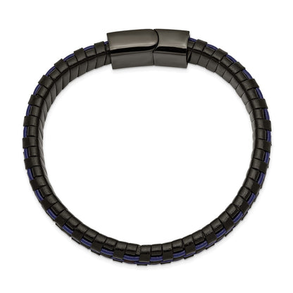 Chisel Stainless Steel Polished Black IP-plated and  Black and Blue Leather 8.25 inch Bracelet
