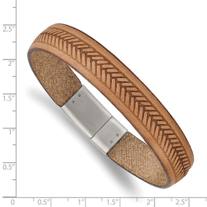 Chisel Stainless Steel Polished Textured Tan Italian Leather 8.75 inch Bracelet
