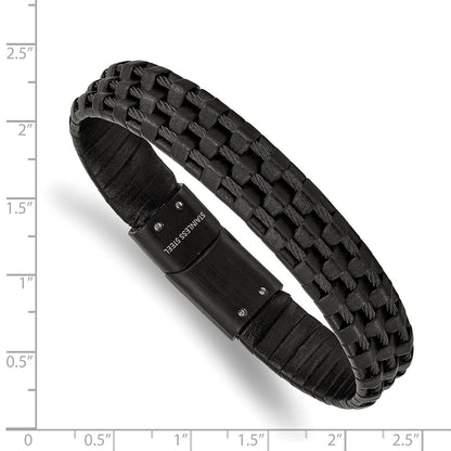 Chisel Stainless Steel Brushed and Polished Black IP-plated Wire Cable and Black Leather 8.25 inch Bracelet