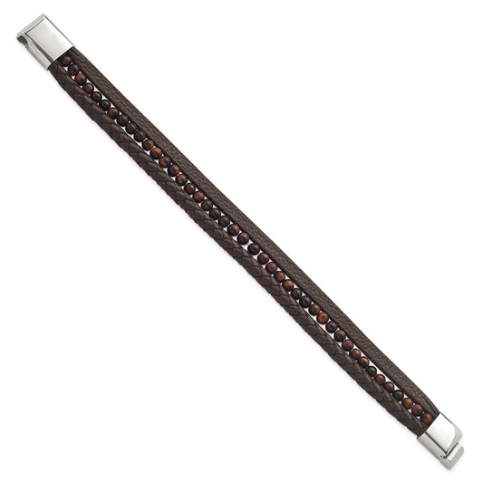 Chisel Stainless Steel Polished Multi Strand Red Tiger's Eye Beaded Brown Leather 8.25 inch Bracelet