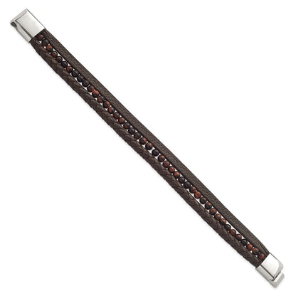Chisel Stainless Steel Polished Multi Strand Red Tiger's Eye Beaded Brown Leather 8.25 inch Bracelet