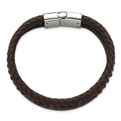 Chisel Stainless Steel Polished Multi Strand Red Tiger's Eye Beaded Brown Leather 8.25 inch Bracelet