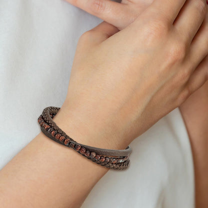 Chisel Stainless Steel Polished Multi Strand Red Tiger's Eye Beaded Brown Leather 8.25 inch Bracelet