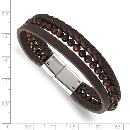 Chisel Stainless Steel Polished Multi Strand Red Tiger's Eye Beaded Brown Leather 8.25 inch Bracelet