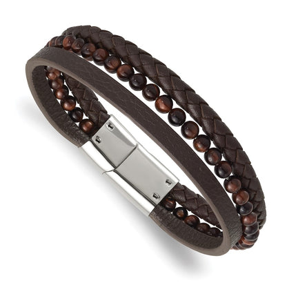 Chisel Stainless Steel Polished Multi Strand Red Tiger's Eye Beaded Brown Leather 8.25 inch Bracelet