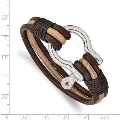 Chisel Stainless Steel Polished Shackle Multi Strand Dark Brown and Tan Leather 8.25 inch Bracelet