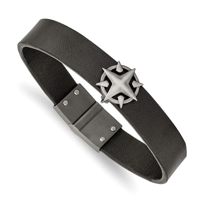 Chisel Stainless Steel Brushed Antiqued White Bronze-plated Compass Black Leather 8.25 inch Bracelet