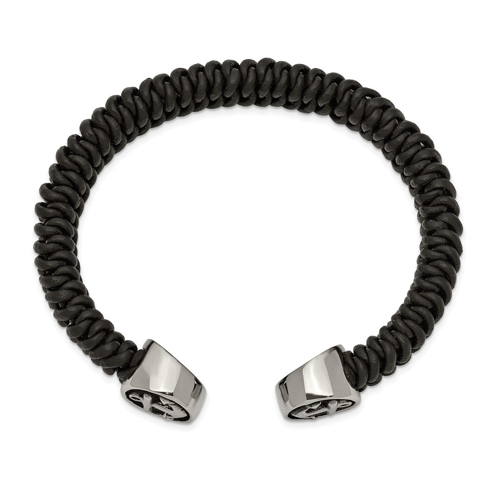Chisel Stainless Steel Antiqued and Polished Black Leather Anchor Cuff Bangle