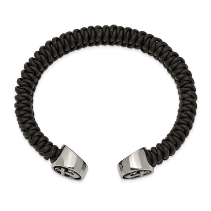 Chisel Stainless Steel Antiqued and Polished Black Leather Anchor Cuff Bangle