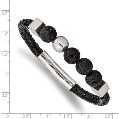 Chisel Stainless Steel Polished with Lava Stone Beads Black Leather 8 inch Bracelet