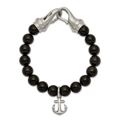 Chisel Stainless Steel Brushed Anchor Black Agate Beaded 8 inch Bracelet