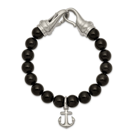 Chisel Stainless Steel Brushed Anchor Black Agate Beaded 8 inch Bracelet