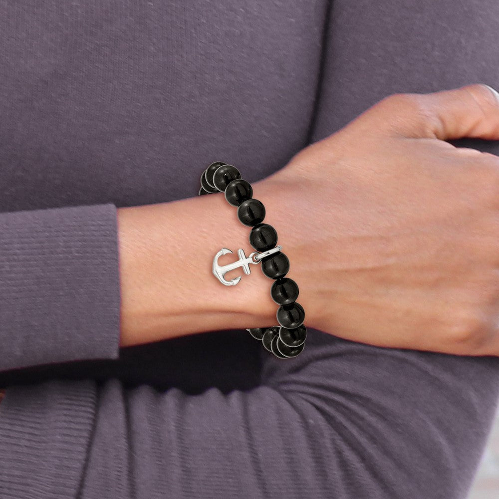 Chisel Stainless Steel Brushed Anchor Black Agate Beaded 8 inch Bracelet