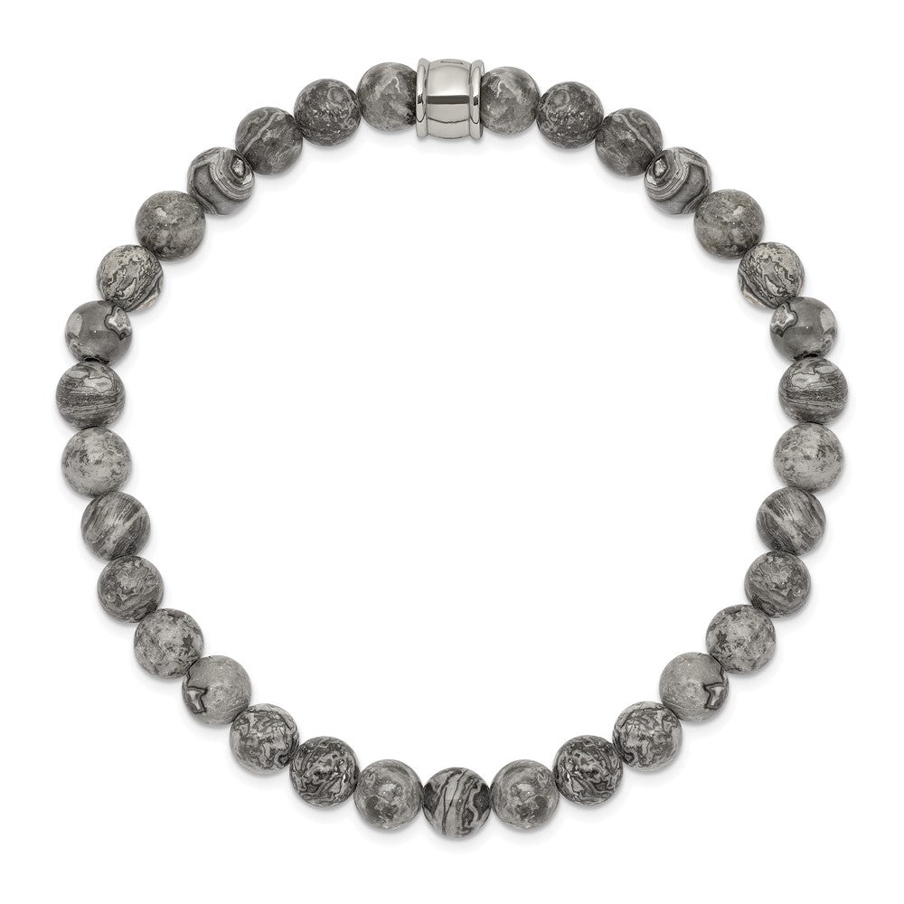 Chisel Stainless Steel Polished 6mm Grey Jasper Beaded Stretch Bracelet