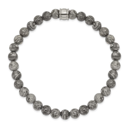 Chisel Stainless Steel Polished 6mm Grey Jasper Beaded Stretch Bracelet