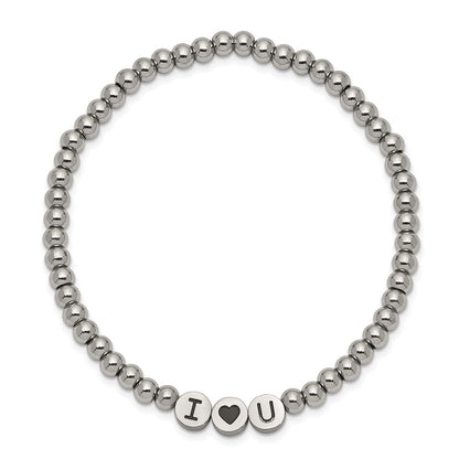 Chisel Stainless Steel Antiqued and Polished I HEART U 4mm Beaded Stretch Bracelet