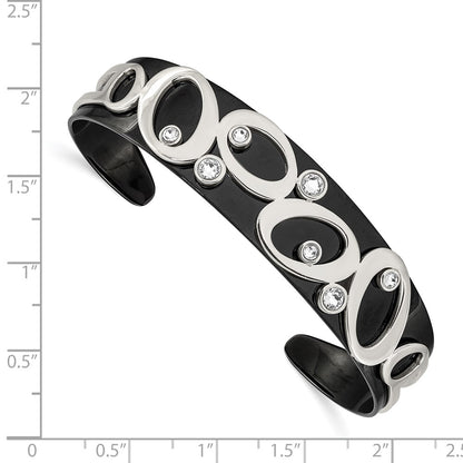 Chisel Stainless Steel Polished Black IP-plated with Crystals Cuff Bangle