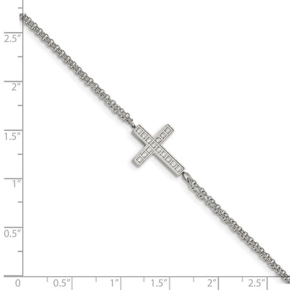 Chisel Stainless Steel Polished CZ Sideways Cross 6.25 inch Bracelet with 2 inch Extension