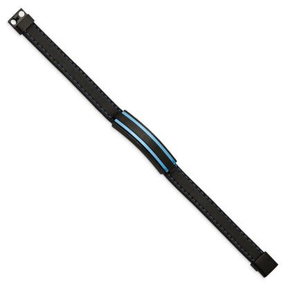 Chisel Stainless Steel Brushed and Polished Black and Blue IP-plated Black Rubber 8.5 inch Bracelet