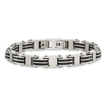 Chisel Stainless Steel Brushed and Polished with Black Rubber 7.75 inch Link Bracelet with .5 inch Extension