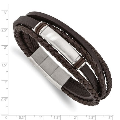 Chisel Stainless Steel Brushed Multi Strand Brown PU Leather and Rubber 8 inch ID Bracelet with .5 inch Extension