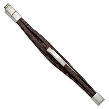 Chisel Stainless Steel Brushed Multi Strand Brown PU Leather 8 inch ID Bracelet with .5 inch Extension