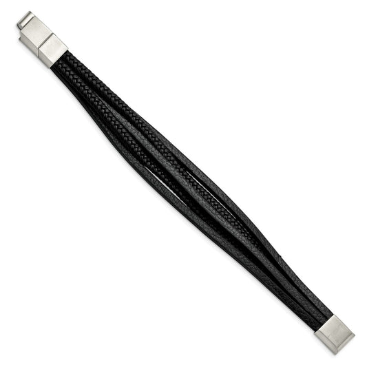 Chisel Stainless Steel Polished Multi Strand Black PU Leather 8 inch Bracelet with .5 inch Extension